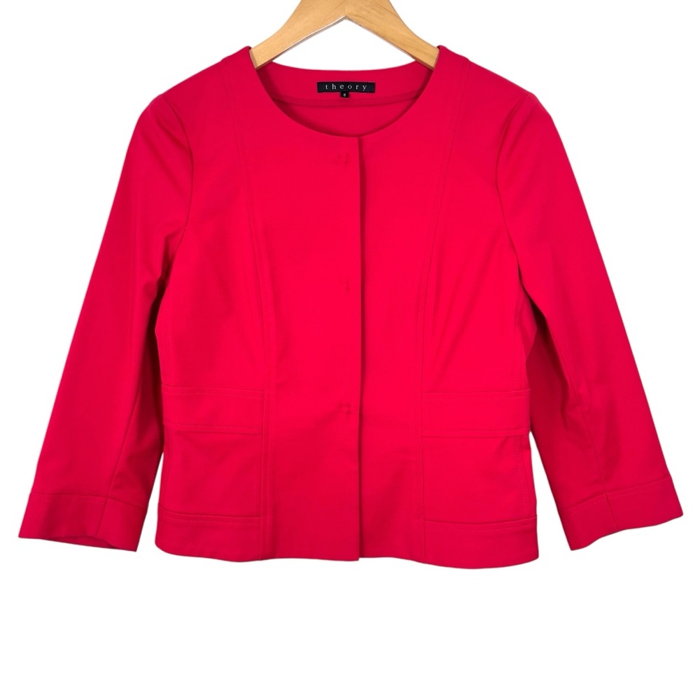 Theory Red Cropped‎ Collarless Blazer Jacket Size 8